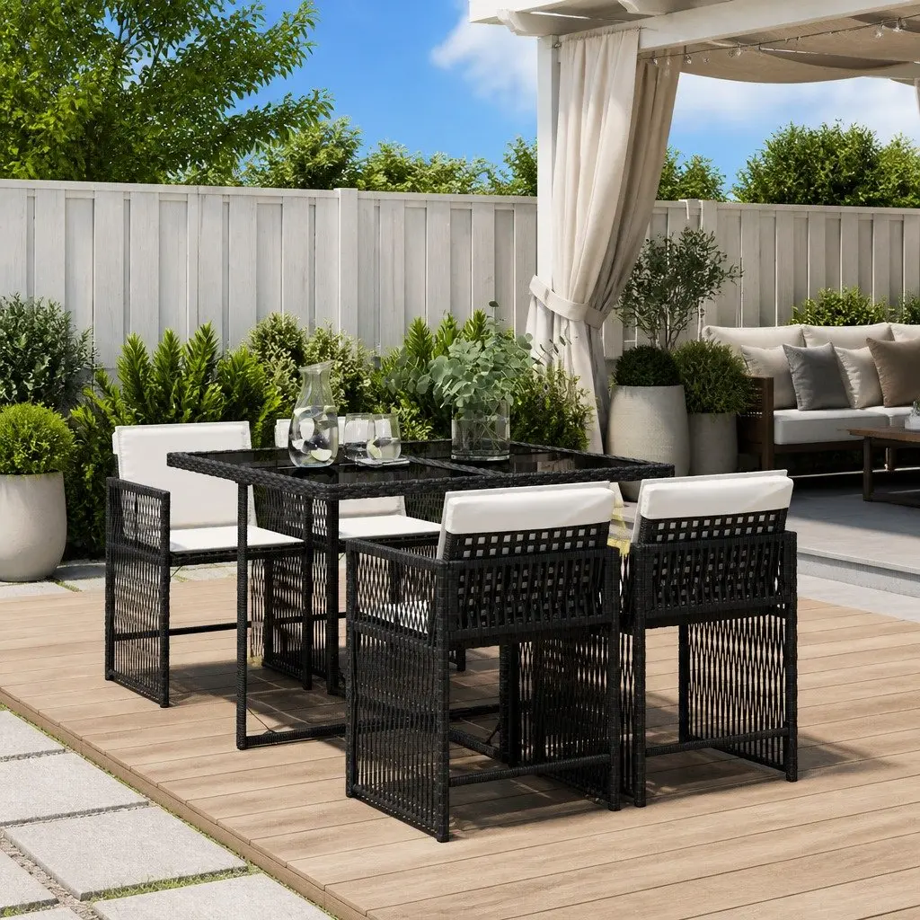 5 Piece Outdoor Dining Set Black Poly Rattan Chairs Table Cushions Patio