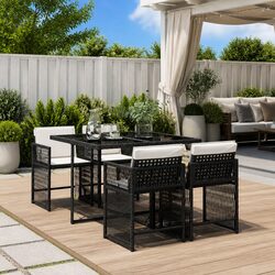 5 Piece Outdoor Dining Set Black Poly Rattan Chairs Table Cushions Patio