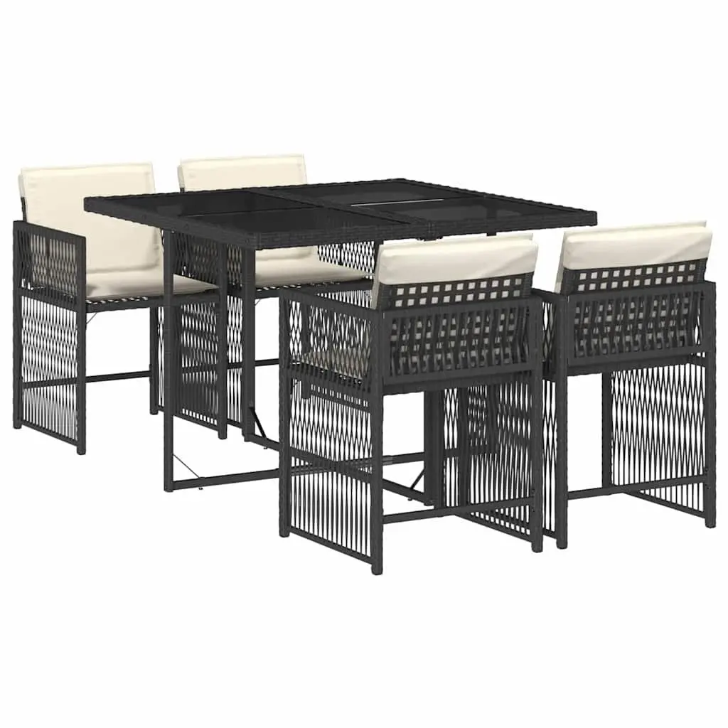 5 Piece Outdoor Dining Set Black Poly Rattan Chairs Table Cushions Patio