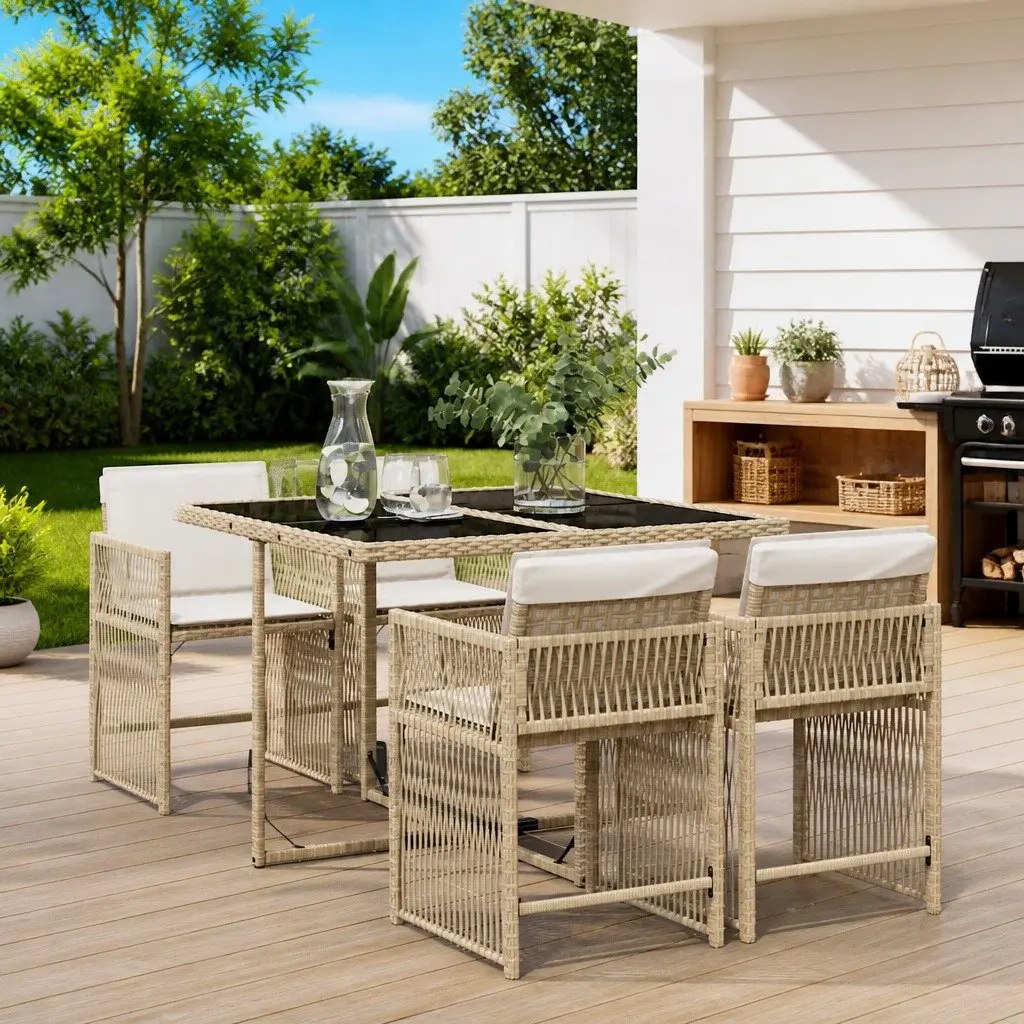 5 Piece Garden Dining Set Beige Poly Rattan Chairs Table Outdoor Patio Furniture