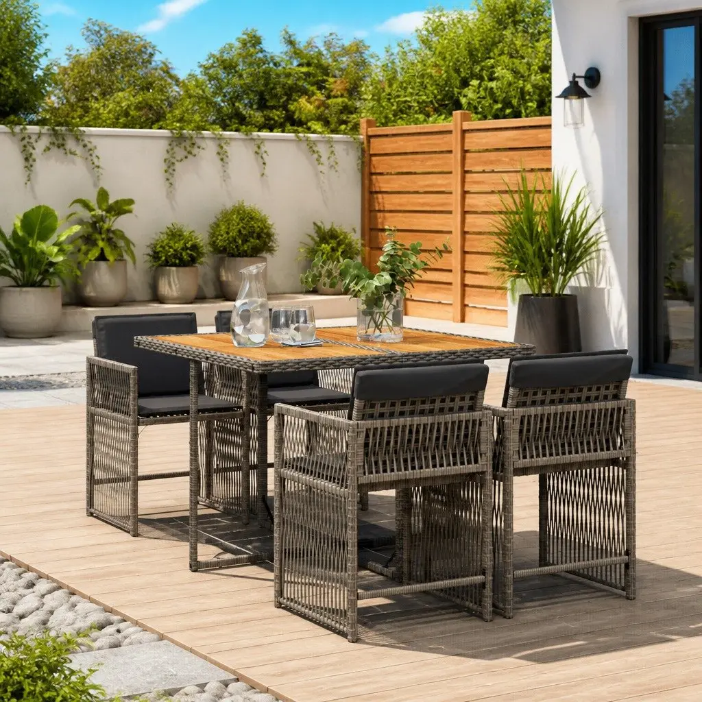 Outdoor Dining Set 5 Piece Garden Furniture Grey Poly Rattan with Cushions