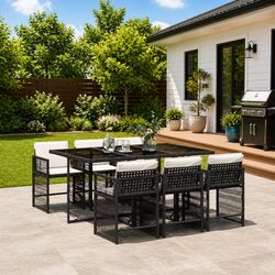 7 Piece Outdoor Garden Dining Set with Cushions Black PE Rattan Table Chairs