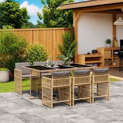 7 Piece Outdoor Garden Dining Set Poly Rattan Chairs Table with Cushions Beige