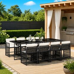 Outdoor Garden Dining Set 9 Piece Poly Rattan Chairs Table with Cushions Black