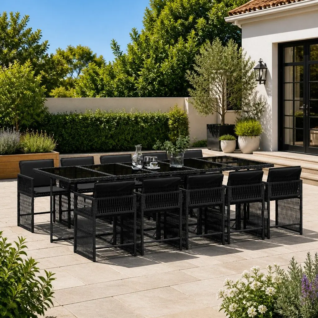 11 Piece Outdoor Dining Set Durable PE Rattan Black Garden Patio Furniture with Foldable Chairs and Padded Cushions
