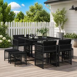 9 Piece Outdoor Garden Dining Set Black Poly Rattan Chairs Table with Cushions