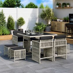 Garden Dining Set 9 Piece Outdoor Furniture Grey Poly Rattan Cushions Glass