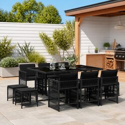 Outdoor Garden Dining Set 11 Piece Black Poly Rattan Table Chairs Cushions Patio