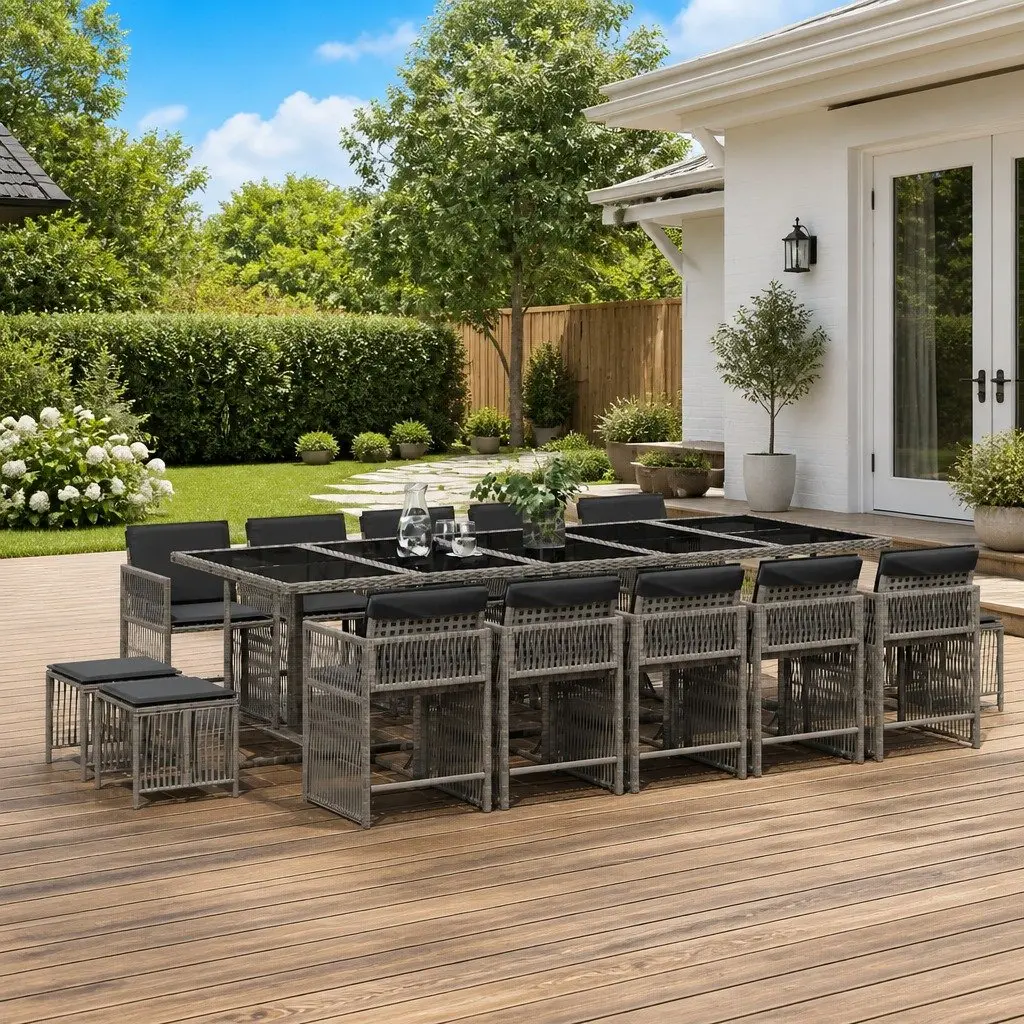 Garden Dining Set 15 Piece Outdoor Furniture Grey PE Rattan Chairs Table Tempered Glass Top