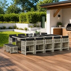 Outdoor Garden Dining Set 15 Piece Grey Poly Rattan Chairs Table Cushions Patio