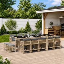 Garden Dining Set 15 Piece Outdoor Furniture with Cushions Beige Poly Rattan