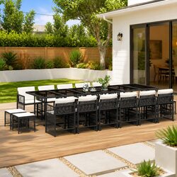 Outdoor Garden Dining Set 17 Piece Black Poly Rattan Chairs Table Cushions