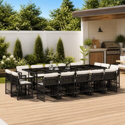 Outdoor Dining Set 15 Pieces Black Poly Rattan Garden Furniture with Cushions