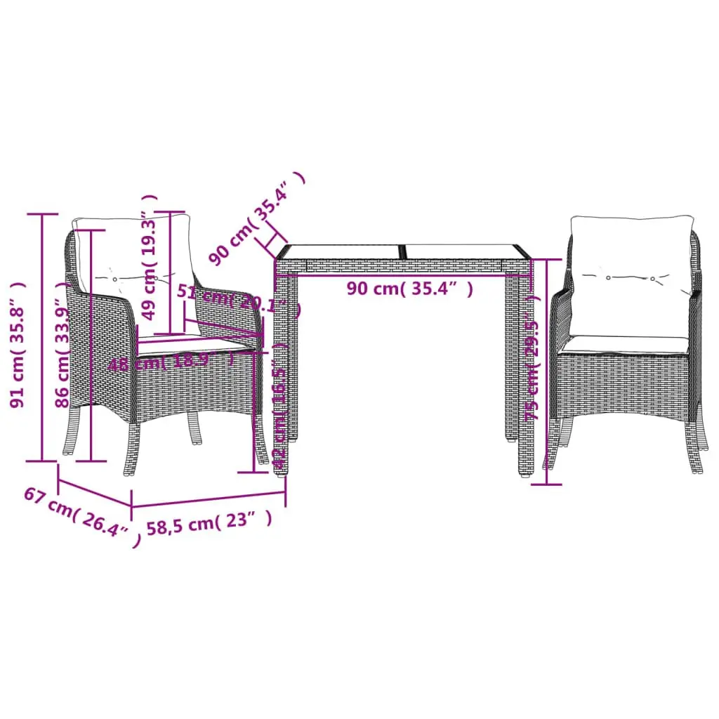 Outdoor Dining Set 3 Piece Garden Furniture Black Poly Rattan with Cushions