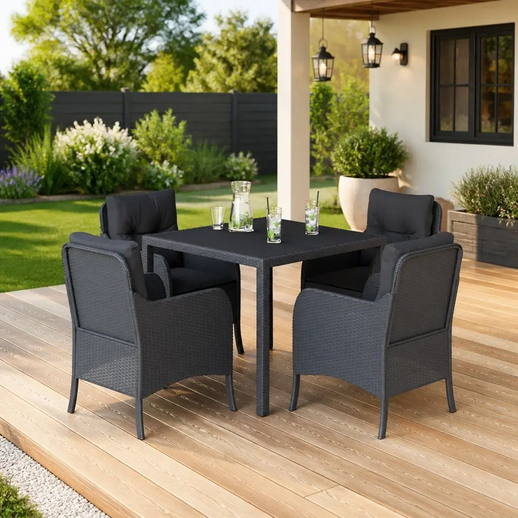 Outdoor Dining Set 5 Piece Black Poly Rattan with Cushions