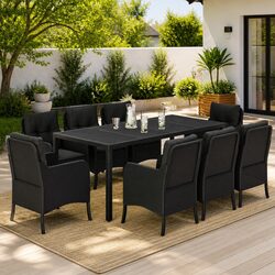 9 Piece Outdoor Dining Set Black Poly Rattan Patio Furniture with Cushions