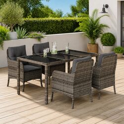 Outdoor Garden Dining Set 5 Piece Grey Poly Rattan Patio Furniture with Cushions