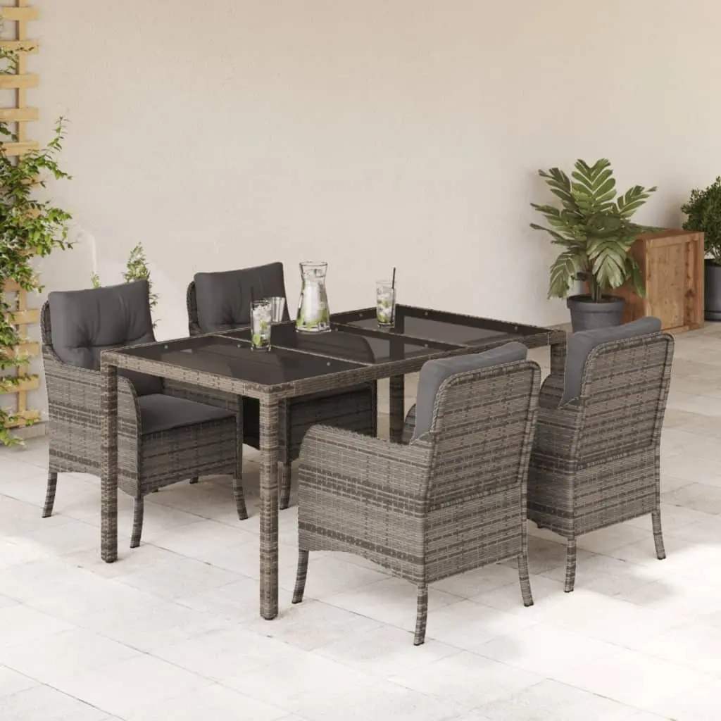 Outdoor Garden Dining Set 5 Piece Grey Poly Rattan Patio Furniture with Cushions