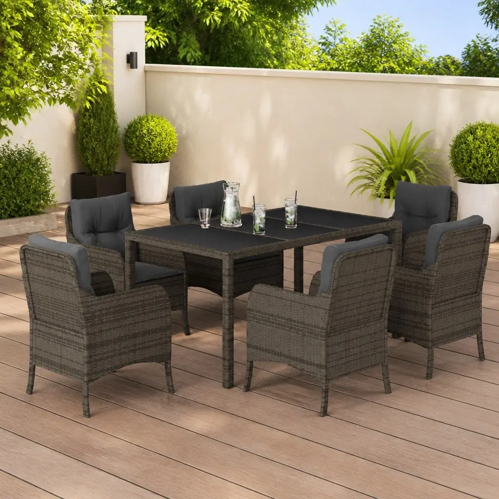 Outdoor Dining Set 7 Piece Grey Poly Rattan Garden Furniture with Cushions