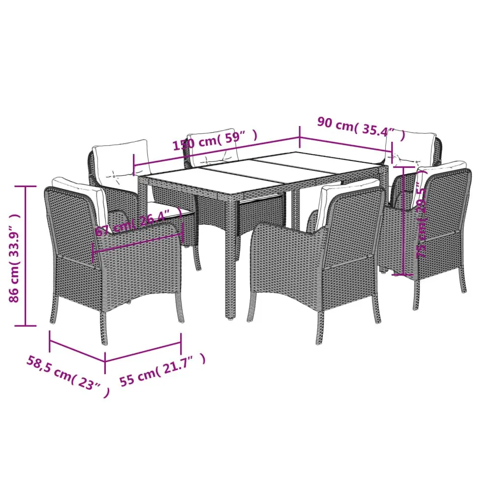 Outdoor Dining Set 7 Piece Grey Poly Rattan Garden Furniture with Cushions