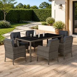 Outdoor Dining Set 7 Piece Garden Furniture Grey Poly Rattan with Cushions