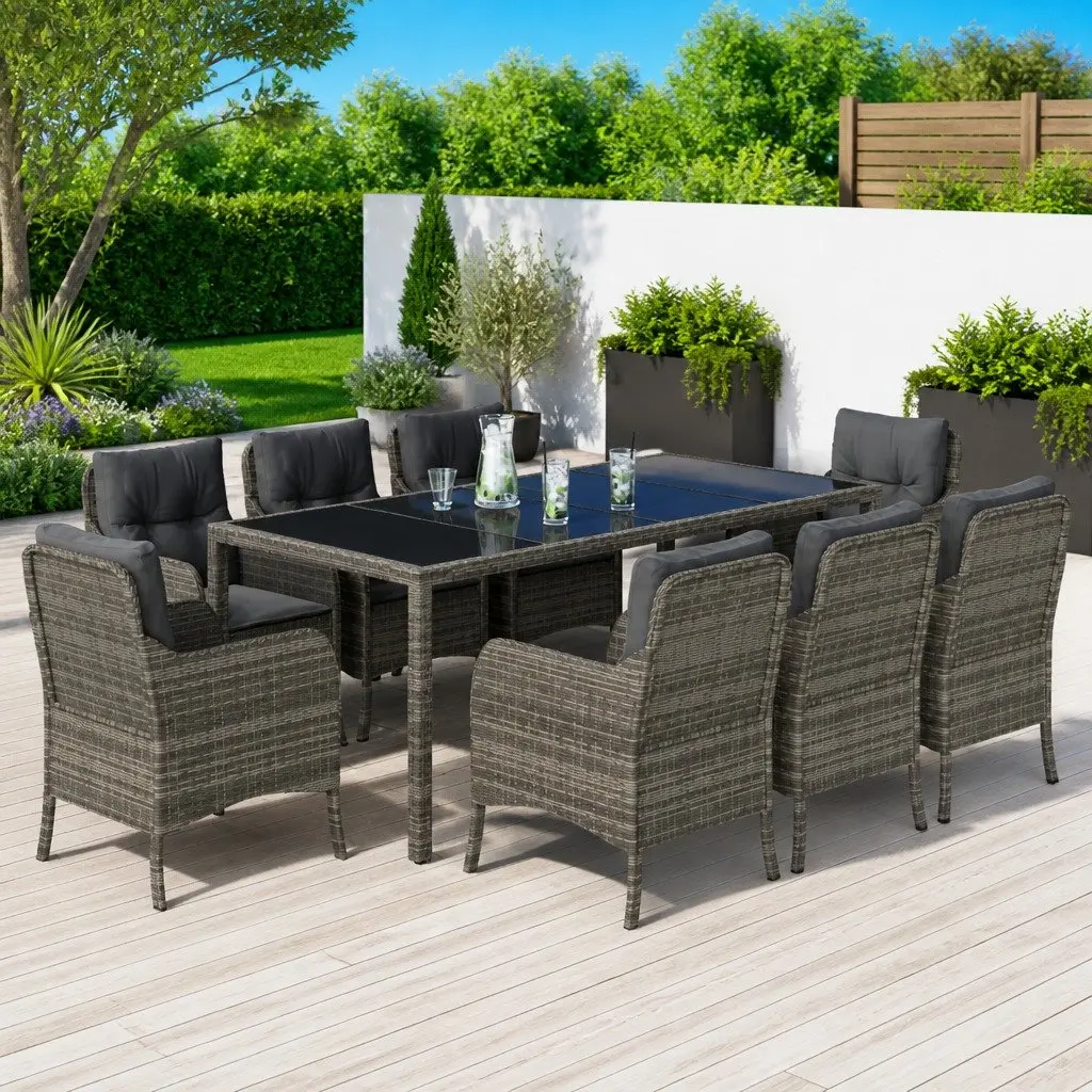 Outdoor Dining Set 9 Piece Grey Poly Rattan Garden Furniture with Cushions