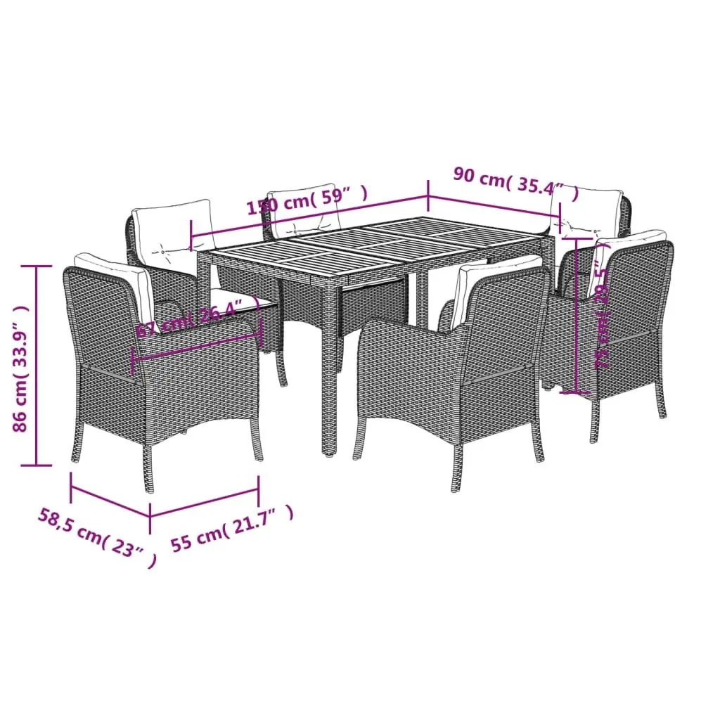 Outdoor Dining Set 7 Piece Garden Furniture Black Poly Rattan with Cushions