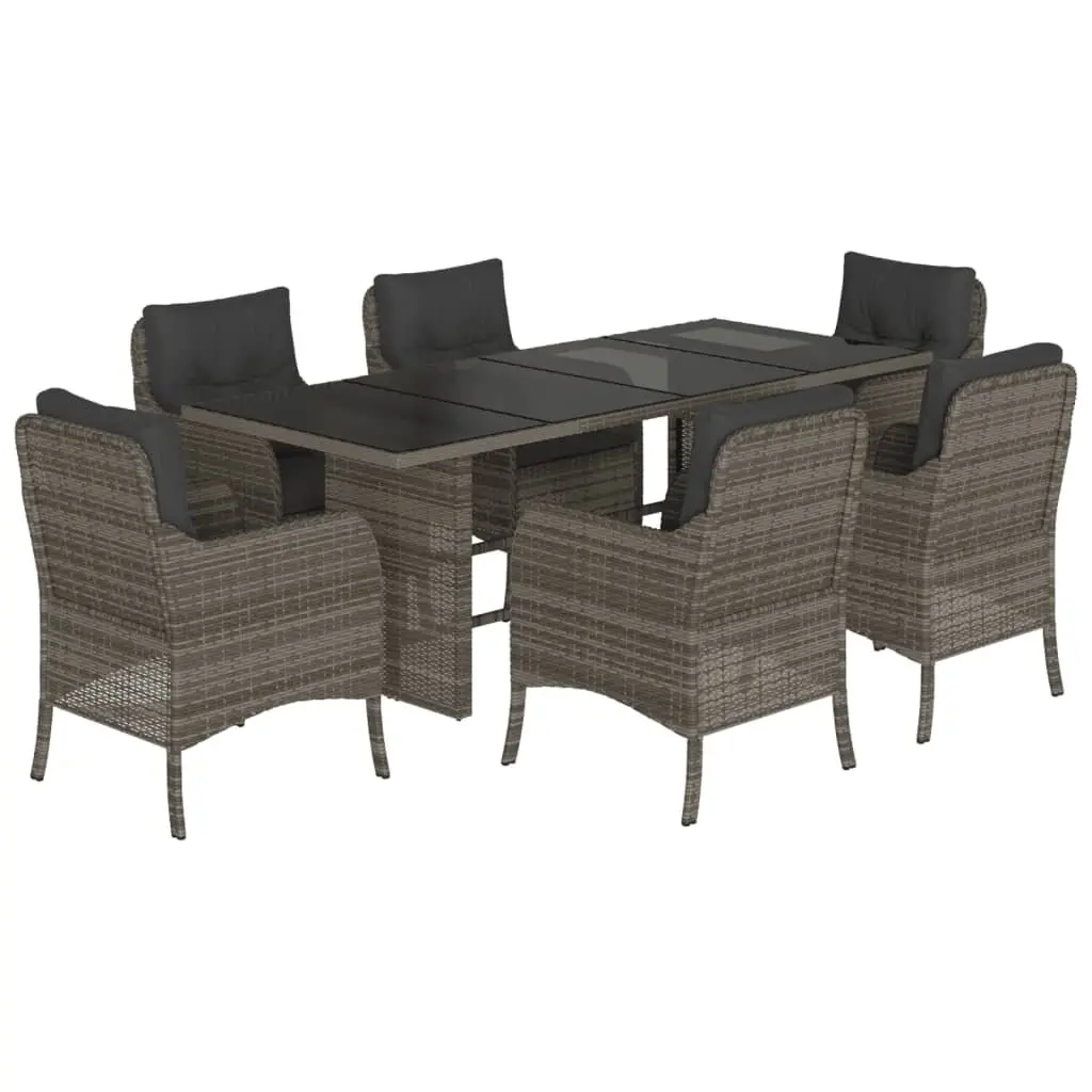 7 Piece Outdoor Dining Set Grey PE Poly Rattan Cushions Tempered Glass Table