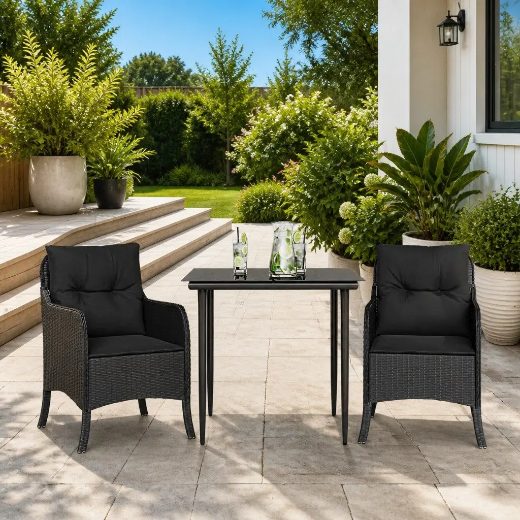 Outdoor Dining Set 3 Piece Garden Furniture Black PE Rattan with Cushions