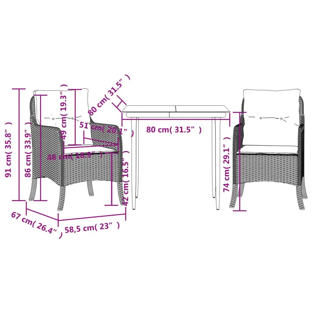 Outdoor Dining Set 3 Piece Garden Furniture Black PE Rattan with Cushions
