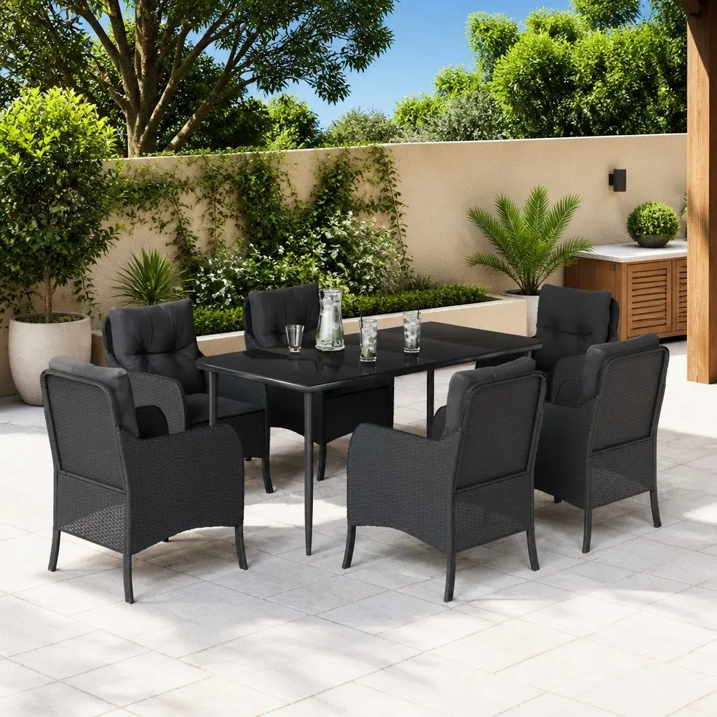 Outdoor Dining Set 7 Piece Garden Patio Furniture with Cushions Black Poly