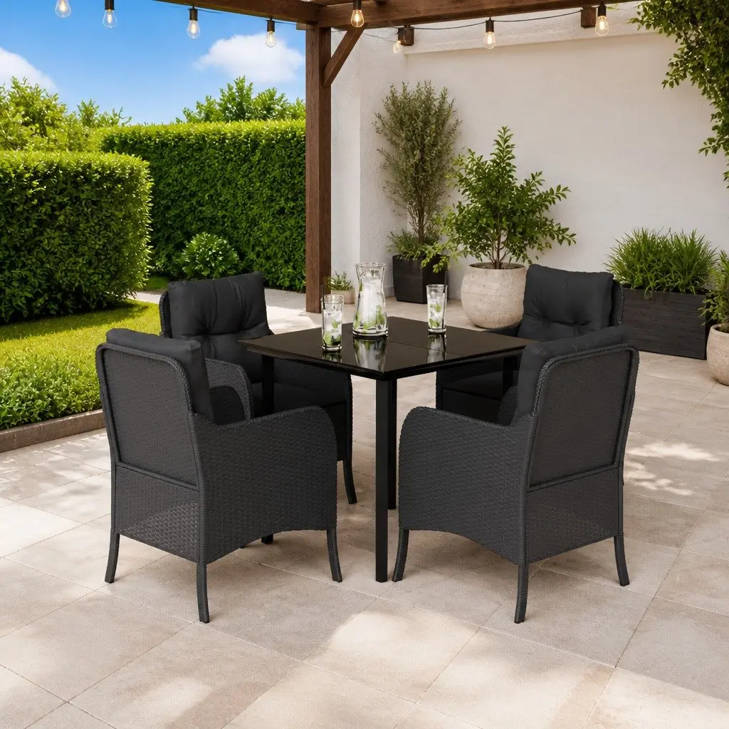 Garden Dining Set 5 Piece Outdoor Furniture Black Poly Rattan Chairs Table