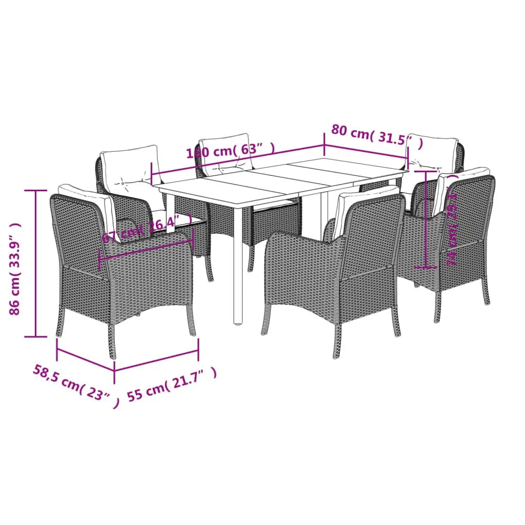 Outdoor Dining Set 7 Piece Garden Furniture Black Poly Rattan with Cushions