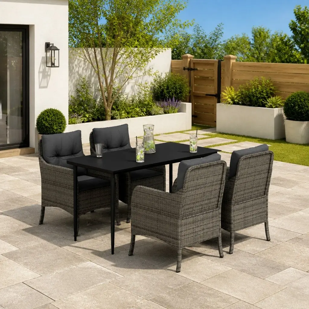 Outdoor Dining Set 5 Piece Garden Furniture Table Chairs Cushions Grey Poly
