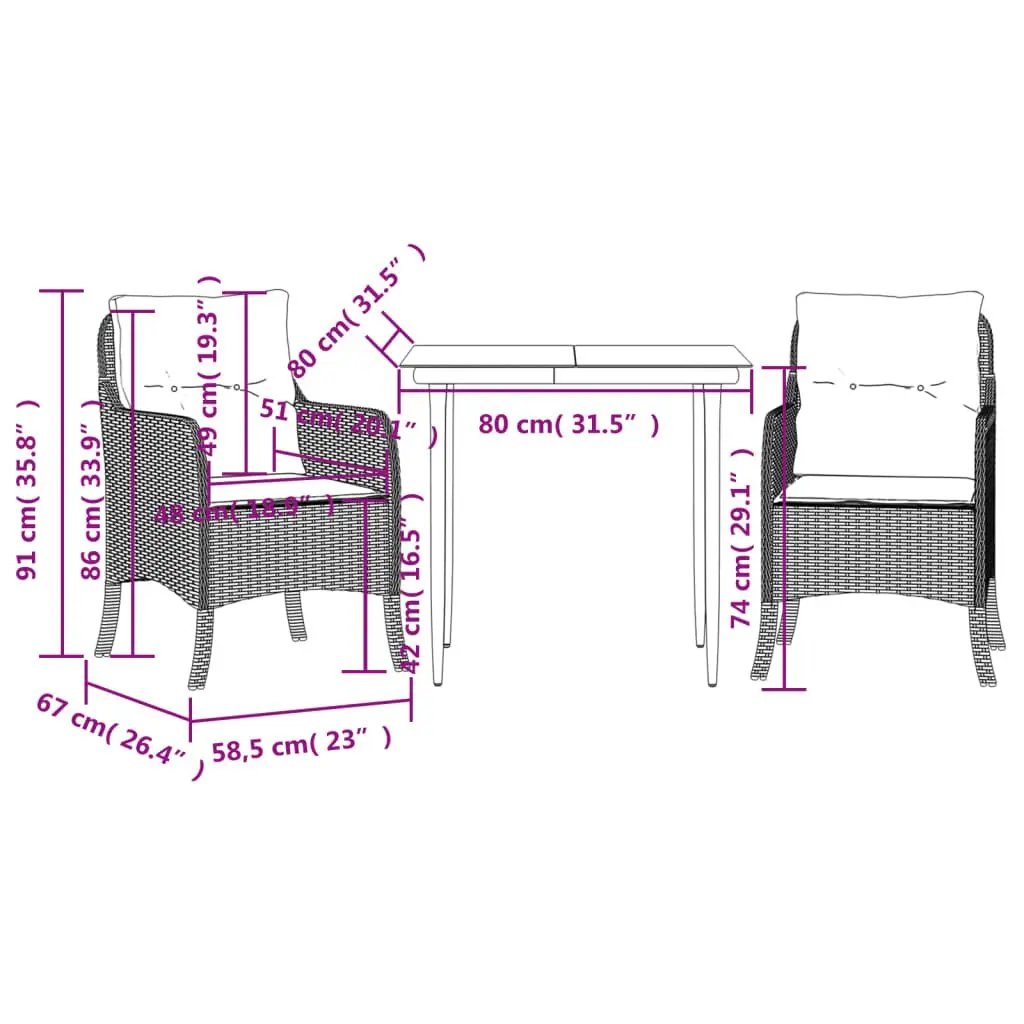 Outdoor Dining Set 3 Piece Garden Furniture Beige Poly Rattan with Cushions