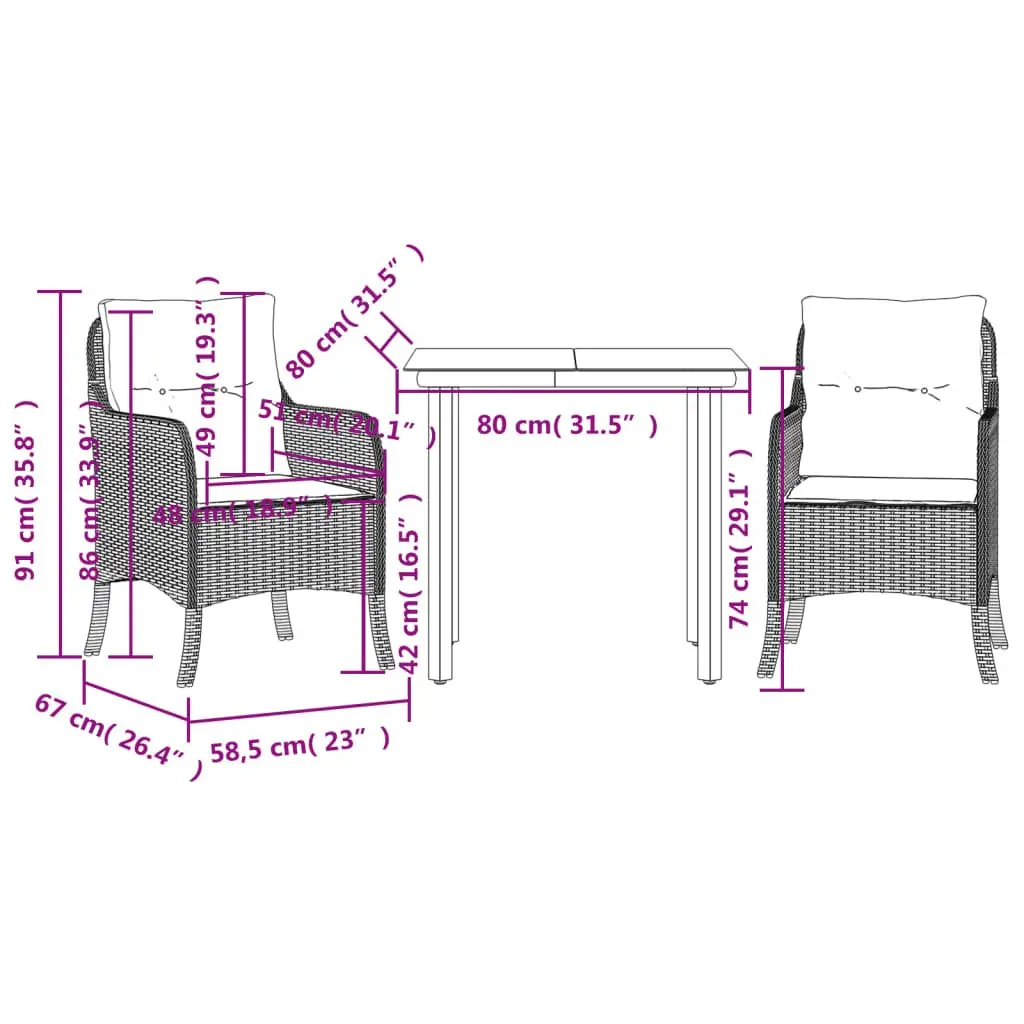 Outdoor Dining Set 3 Piece Garden Furniture with Cushions Beige Poly Rattan