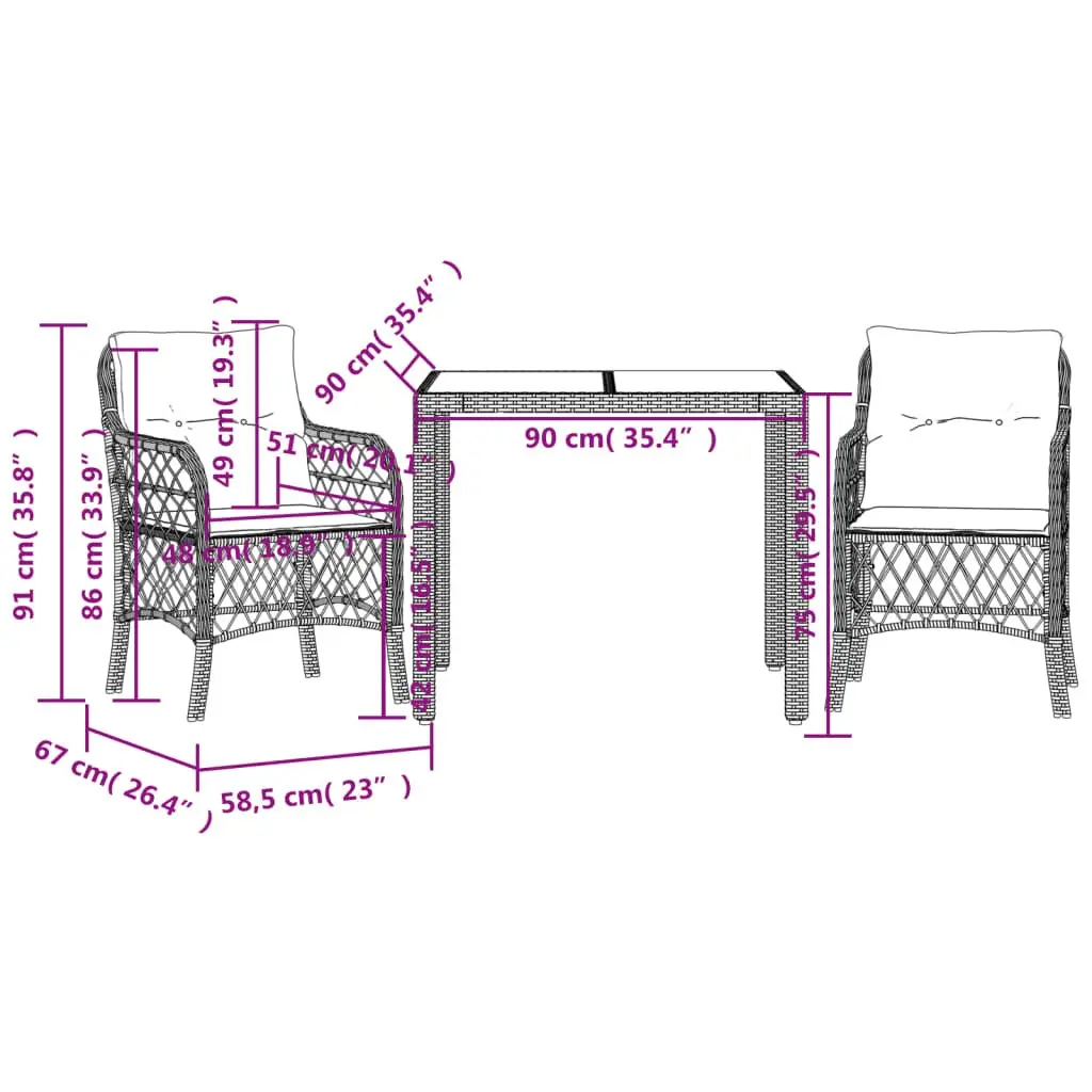 Outdoor Bistro Set 3 Piece Poly Rattan Garden Furniture Black with Cushions