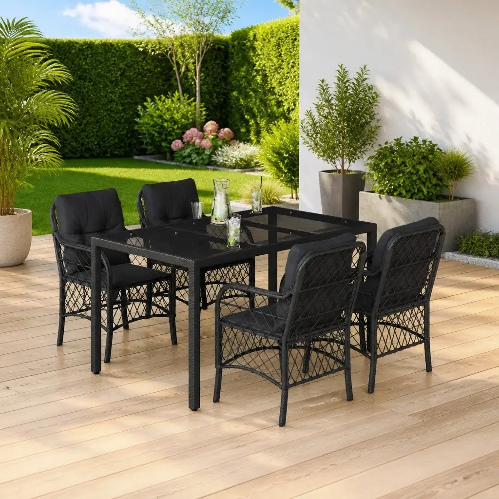 Outdoor Dining Set 5 Piece Garden Furniture Black PE Rattan with Cushions