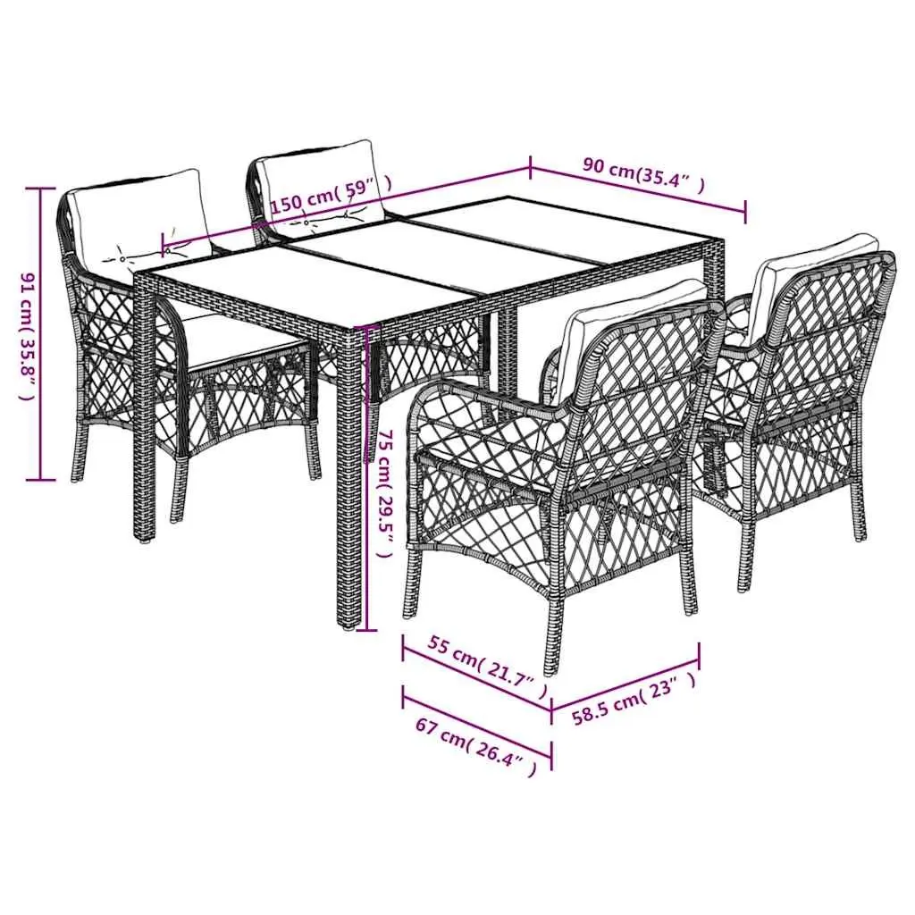 Outdoor Dining Set 5 Piece Garden Furniture Black PE Rattan with Cushions