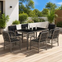 Outdoor Dining Set 7 Piece Garden Furniture Grey Poly Rattan with Cushions