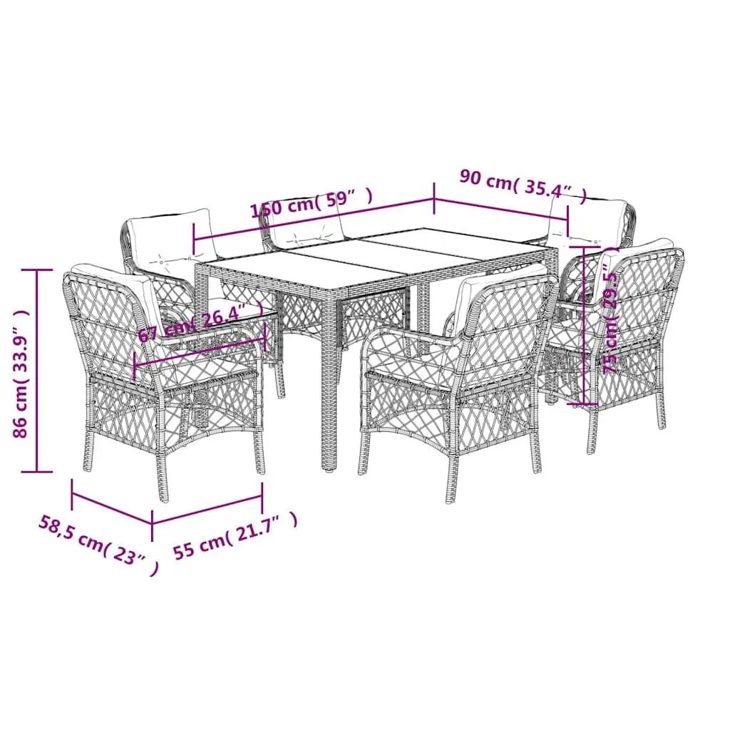 7 Piece Outdoor Dining Set Grey Poly Rattan with Cushions