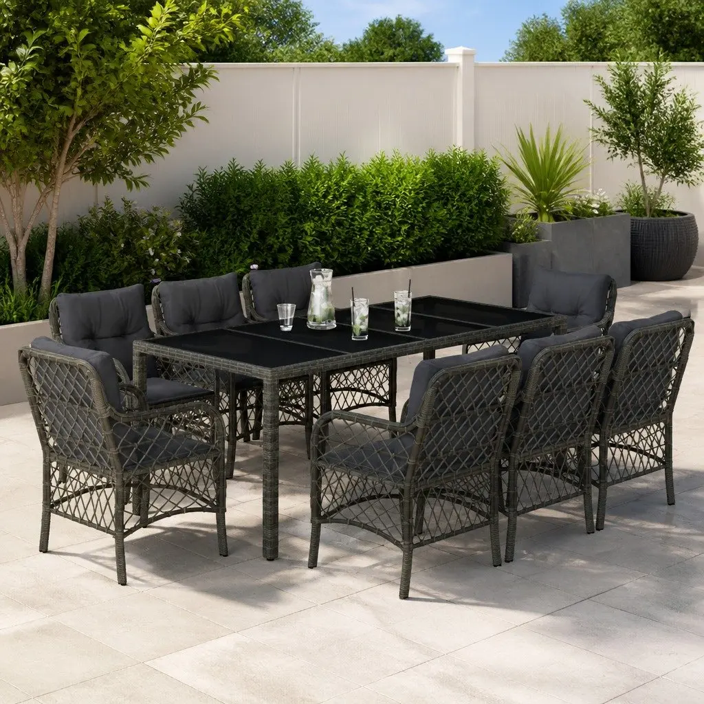 Outdoor Dining Set 9 Piece Garden Furniture Grey Poly Rattan with Cushions