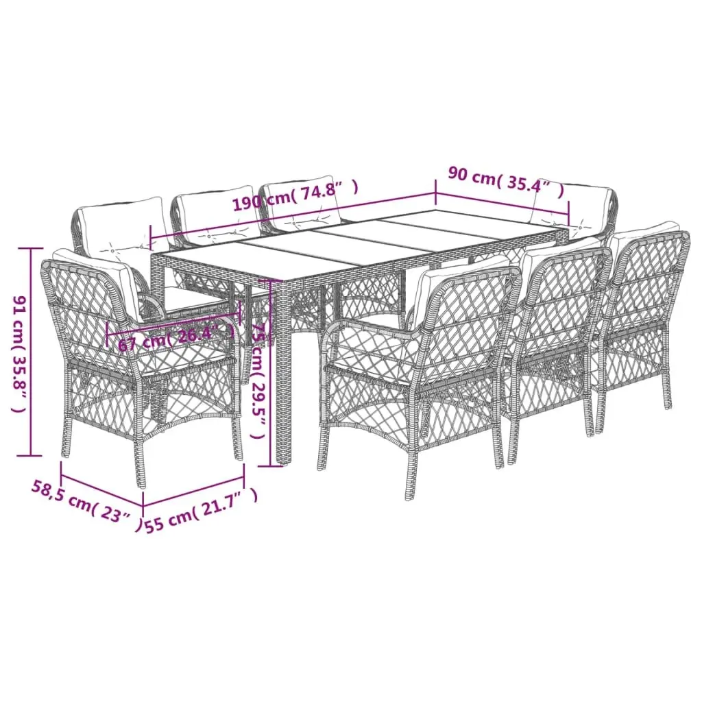 Outdoor Dining Set 9 Piece Garden Furniture Grey Poly Rattan with Cushions