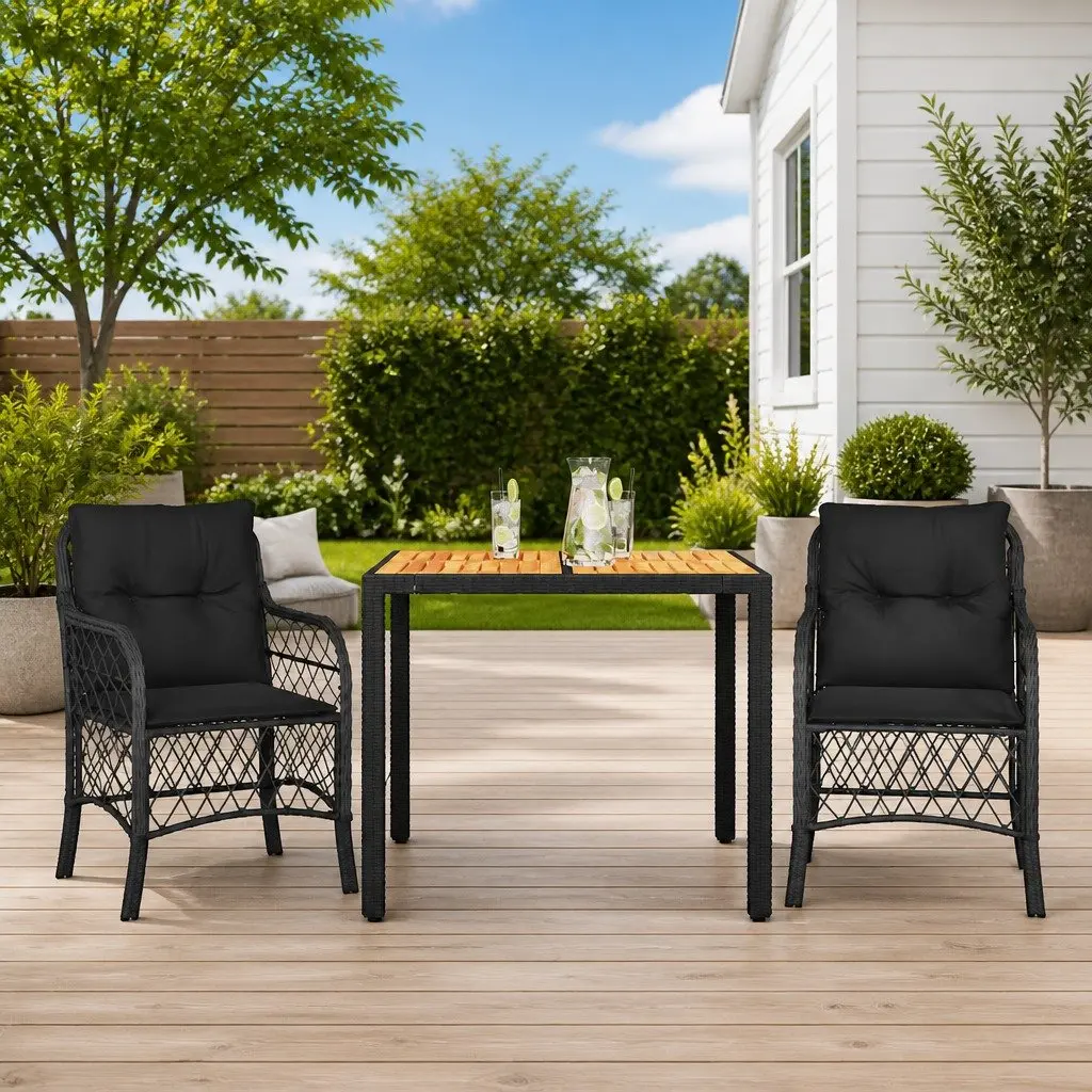 Outdoor Bistro Set 3 Piece Black Poly Rattan Garden Furniture with Cushions