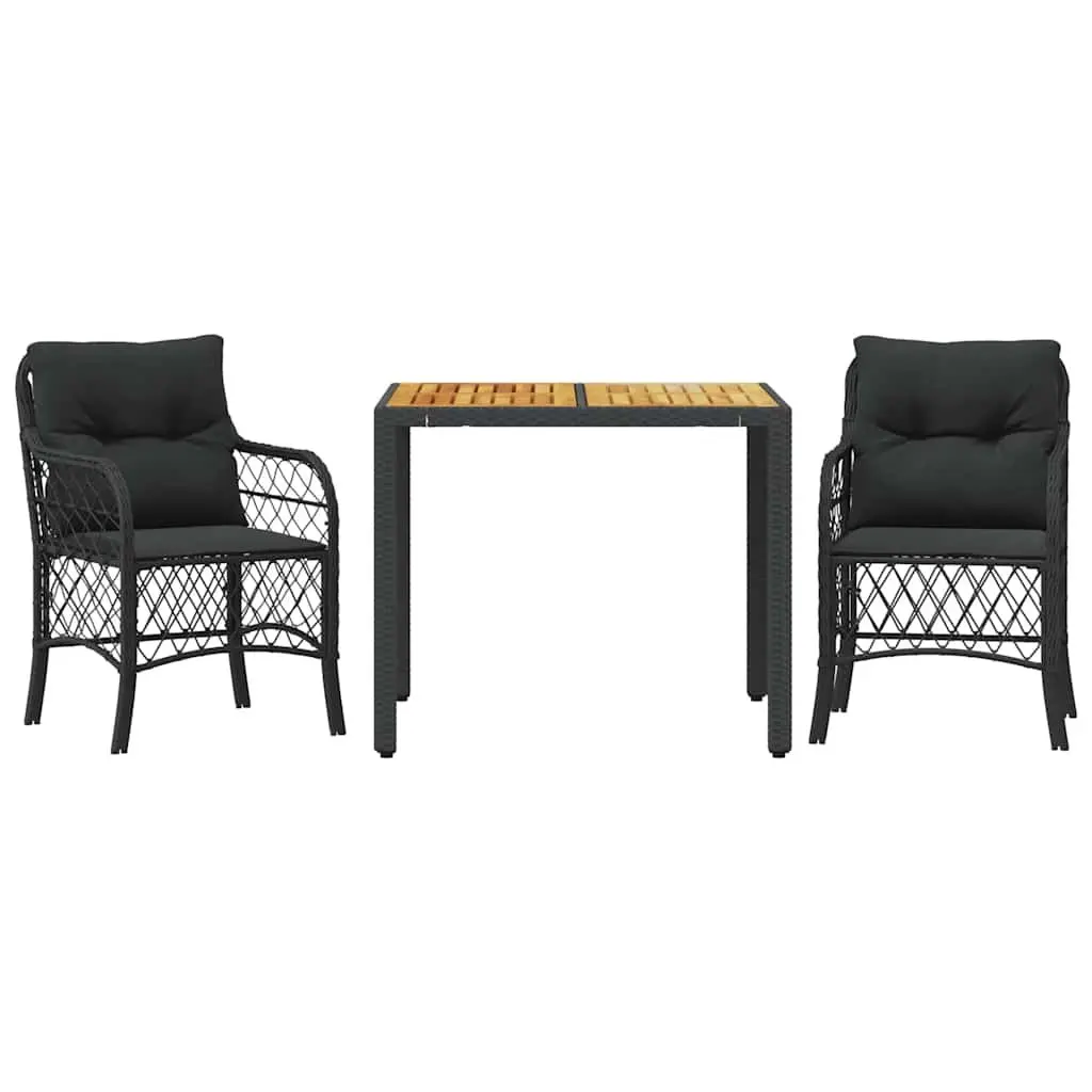 Outdoor Bistro Set 3 Piece Black Poly Rattan Garden Furniture with Cushions