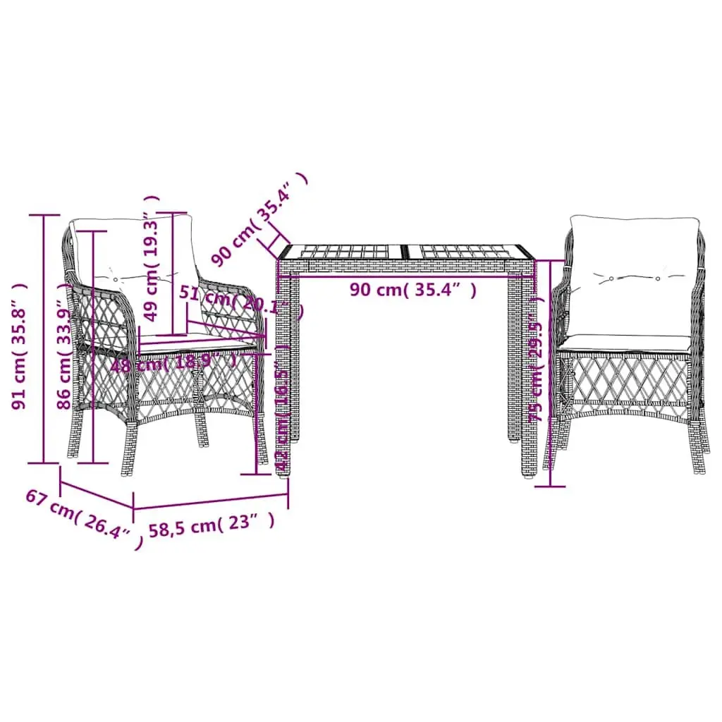 Outdoor Bistro Set 3 Piece Black Poly Rattan Garden Furniture with Cushions