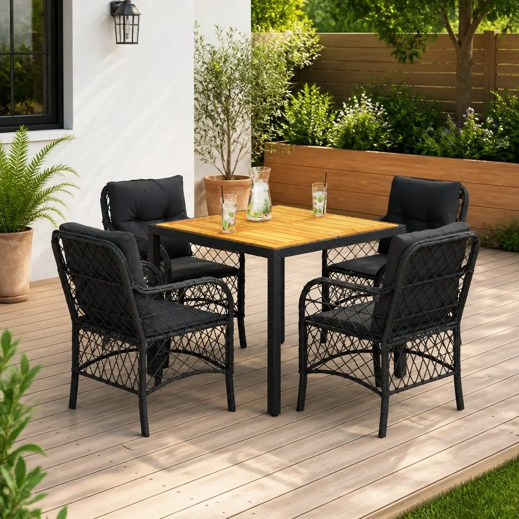 Outdoor Dining Set 5 Piece Black Poly Rattan with Cushions
