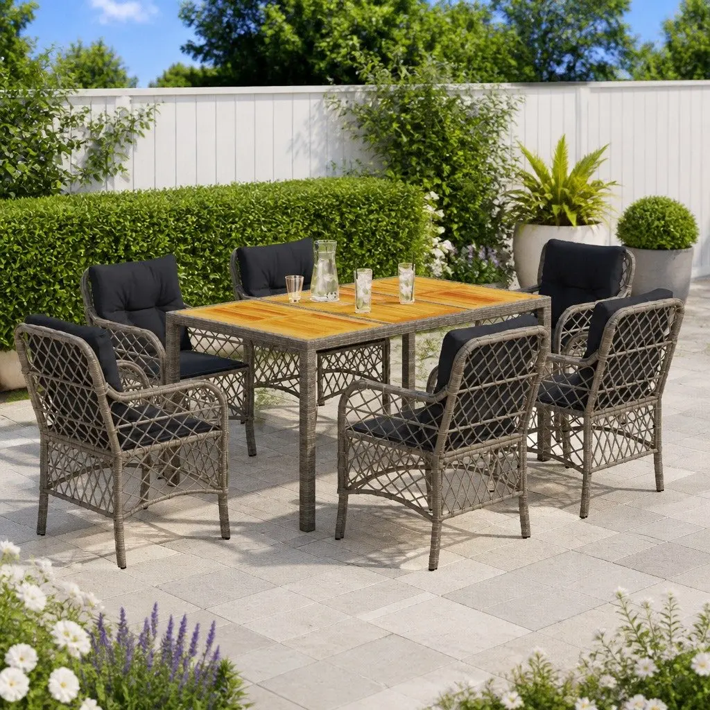 7 Piece Outdoor Dining Set Grey Poly Rattan Garden Furniture with Cushions Patio