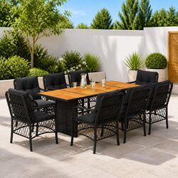 Outdoor Garden Dining Set 9 Piece Black Poly Rattan Furniture with Cushions
