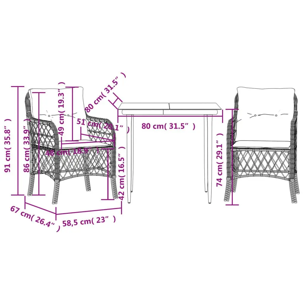 Outdoor Bistro Set 3 Piece Garden Furniture with Cushions Black Poly Rattan